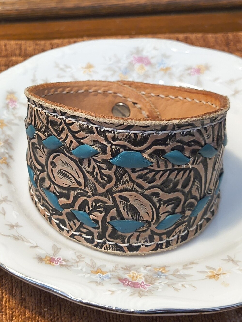 Vintage Turquoise Lacing Colored and Natural Brown Tooled Leather Cuff Bracelet